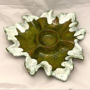 Chip & Dip Platter, Ceramic Leaf Shape, White/Green Drip Glaze MCM Vintage